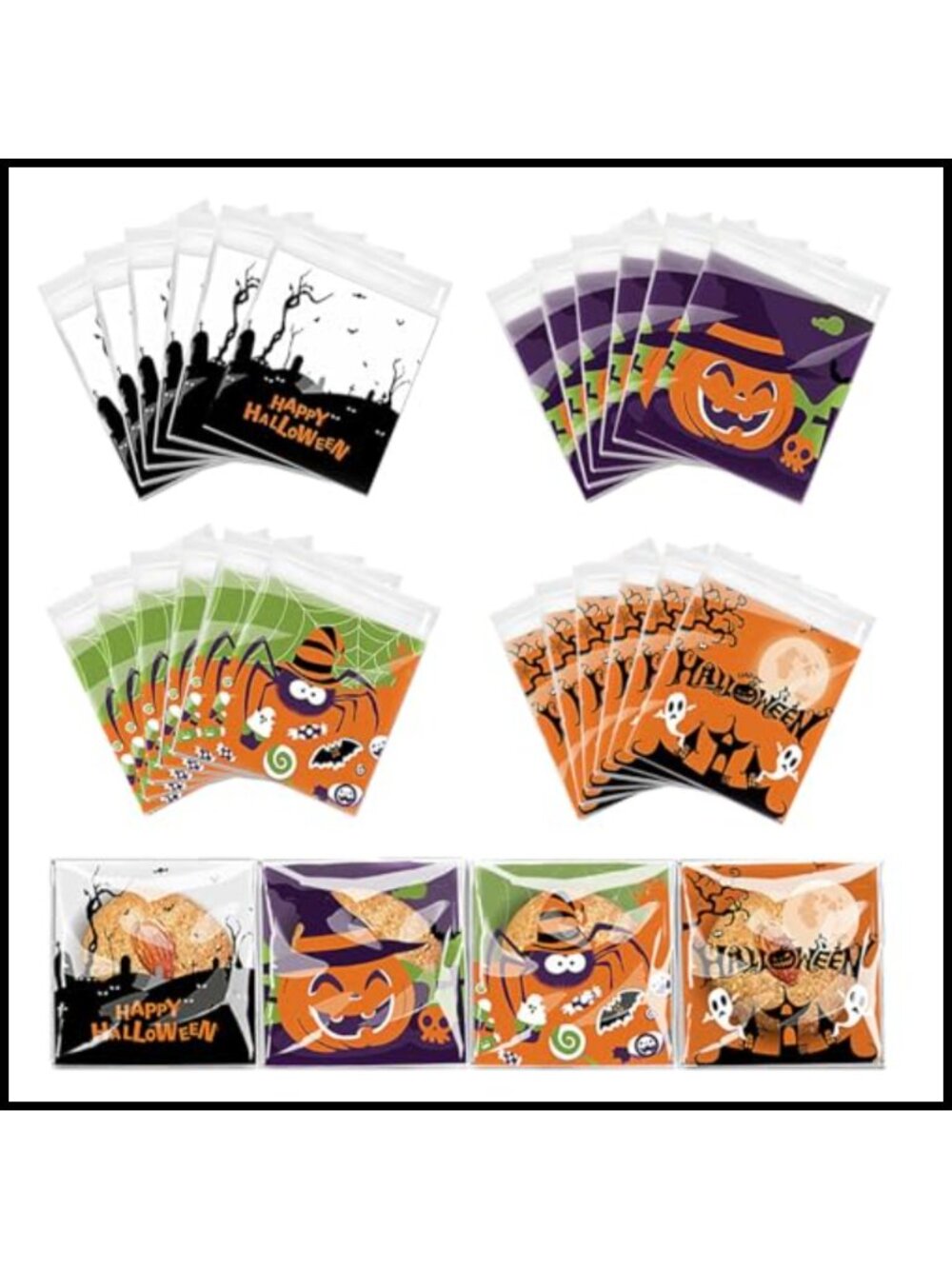100 Halloween Cellophane Treat Bags Self Adhesive Candy Goodie Party Favor